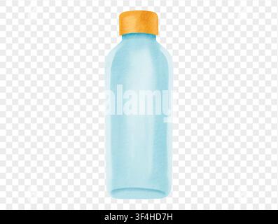Blue summer water bottle in watercolor style, ideal for hydration or beach design. Vector. Stock Vector