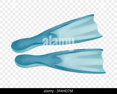 Pair of blue swim flippers in watercolor style, perfect for summer, pool or sea themes. Vector. Stock Vector