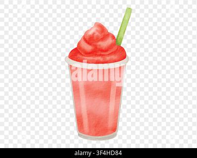 Watercolor illustration of a strawberry smoothie in a clear cup with green straw, perfect for summer designs. Vector. Stock Vector