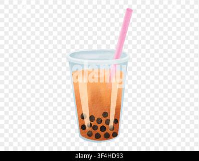 Watercolor illustration of a plastic cup of bubble milk tea with straw and tapioca pearls, trendy summer drink. Vector. Stock Vector