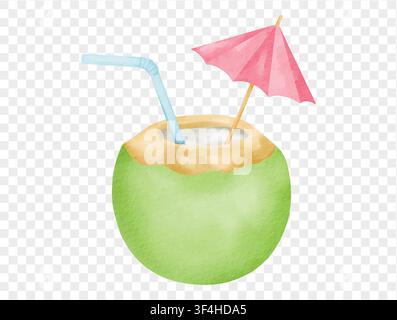 Coconut drink with umbrella watercolor vector. Stock Vector