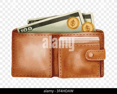 Leather wallet with money watercolor illustration vector. Stock Vector