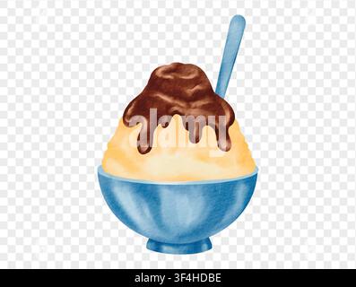 Watercolor illustration of a bowl of shaved ice topped with chocolate syrup and spoon, perfect for summer treat concepts. Vector. Stock Vector