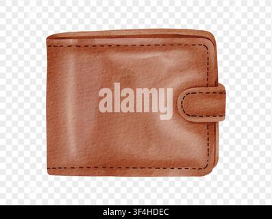 Watercolor brown leather wallet fashion summer travel finance element clipart. Vector. Stock Vector