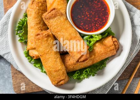 Savory Homemade Pork Eggrolls with Soy Dipping Sauce Stock Photo