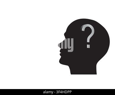 Black profile silhouette of a human head with a prominent question mark inside, symbolizing thought, doubt, decision making Stock Vector
