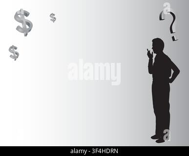 A businessman silhouette stands deep in thought amid floating dollar symbols and a large question mark, conveying financial uncertainty Stock Vector