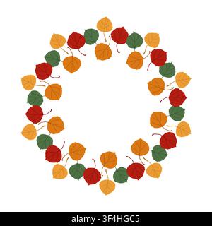Colorful aspen leaves circular frame on white background flat Stock Vector