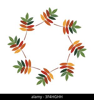 Colorful rowan leaves circular frame on white background flat Stock Vector
