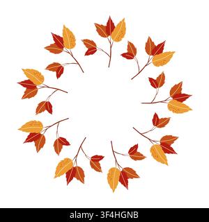 Autumn twigs with leaves circular frame on white background flat Stock Vector