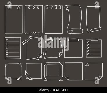 Outline Note Paper Doodle Set. Photo Frame, Scroll, Checklist and Notebook Sheet. Isolated Hand Drawn Line Art on Black Background. Vector Stock Vector