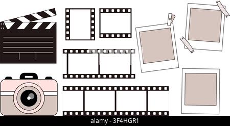 Cinema And Photography Set With Film Strips Camera Clapperboard And Photo Frames. Isolated Vintage Movie Elements Blank Mockup On White Background Stock Vector