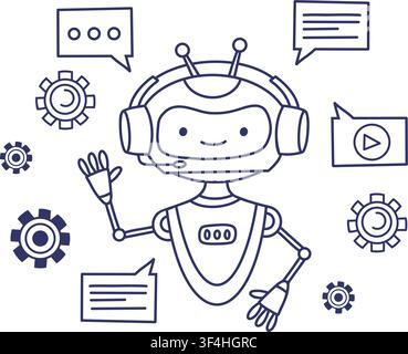 Robot Customer Support Assistant in Headphones. Line Art. Friendly Chatbot, Virtual Helpdesk Operator and Technical Support Cyborg. Outline Vector Stock Vector