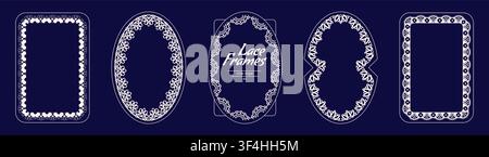 Collection of lace scalloped oval and rectangle frames on blue background. Stock Vector