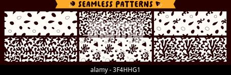 Collection of black and white coral organic seamless banners. Abstract repeated simple shapes. Stock Vector