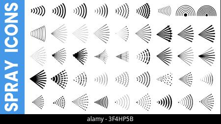 Set of varied mist jets using solid rays, dashed streams, wavy scent lines, dots with directional arrows. Great for deodorant branding, perfume packaging, steam warnings or technical aerosol icons Stock Vector