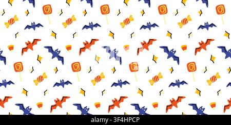 Cute Halloween bat and candy doodle vector seamless pattern for holiday gift wrap Stock Vector