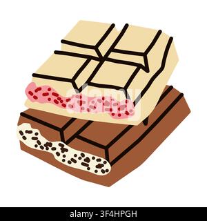 White and milk chocolate with raspberry filling and cookie cream. Delicious sweet chocolate bars with berry and crispy biscuit, cute vector illustrati Stock Vector