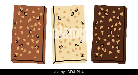 Chocolate bar with nuts and crunchy pieces. Hand drawn illustration of milk, white and dark cocoa treats for nutty confectionery branding, food packag Stock Vector