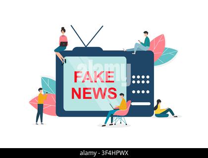 People with gadgets around big TV with FAKE NEWS on screen against white background, vector illustration in flat style Stock Vector