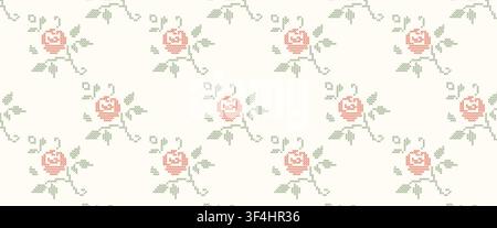 Cross-stitch embroidery rose flowers seamless pattern. A geometric pixelated needlework vintage floral wallpaper. Horizontal banner background for Stock Vector