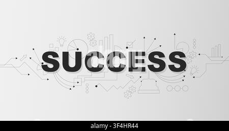 Word SUCCESS and thin line business related icons on grey background, vector illustration Stock Vector