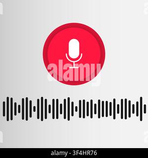 Personal assistant and voice recognition. Mic button and sound wave on grey background, vector illustration Stock Vector