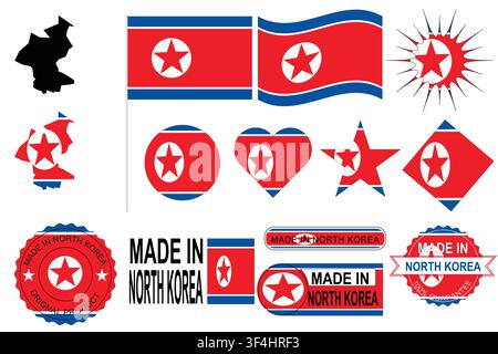 North Korea national symbols flags map and made in North Korea badges vector. Suitable for editorial, educational and commercial design projects. Stock Vector