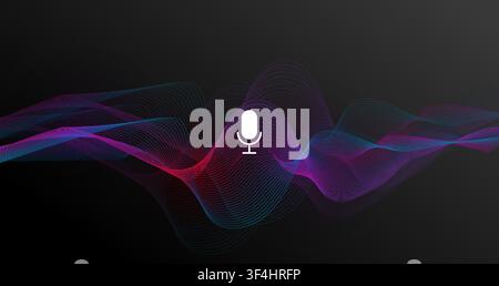 Personal voice assistant. Floating sound wave with microphone icon on black background, vector illustration Stock Vector