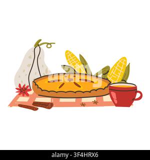 Hand drawn squash, pie and mug of hot drink, rustic composition for cozy autumn card. Pumpkin and corn, cinammon, apple pie and tea cup on checkered c Stock Vector