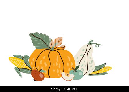 Autumn Fall harvest or thanksgiving festival composition. Pumpkins, apple and corn with berries and autumn leaf. Cartoon flat vector illustration isol Stock Vector