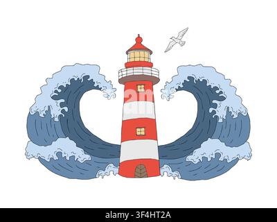 Lighthouse with two waves vector illustration. Graphic nautical red white beacon icon with seagull. Minimalist linear sea landscape symbol isolated Stock Vector