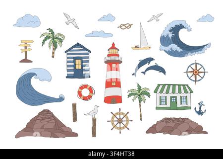 Nautical Vector illustration set of Sea Ocean Elements. Hand drawn color graphic collection of lighthouse, coastal house, waves, sea creatures, pier Stock Vector