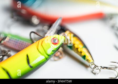 Hard body crankbait lure with realistic scale texture and vibrant yellow color Stock Photo
