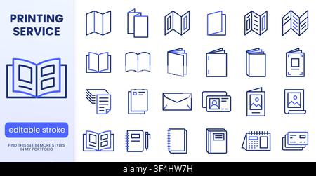 Book, print collateral line icons set. Brochure, catalog, flyer, envelope, letterhead flat minimal vector illustrations. Simple outline signs for Stock Vector