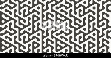 Seamless geometric maze pattern. Abstract black and white monochrome ornament with smooth rounded lines, dots and triangular shapes. Modern vector Stock Vector