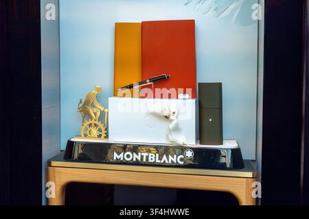 Montblanc Luxury Fountain Pen Leather Notebooks and Gift Box Display in Store Showcase Window. Vienna, Austria - June 21, 2026 Stock Photo
