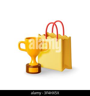 3d golden trophy cup and yellow shopping bag Stock Vector