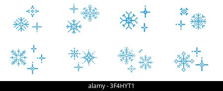 Pixel winter snowflake set, seasonal blue crystal decorative elements in pixel art. Holiday simple flakes 90's aesthetics. Retro pixilated 8 bit game. Vector illustration Stock Vector