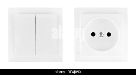 White double light switch and power outlet socket set isolated on white background. Stock Photo