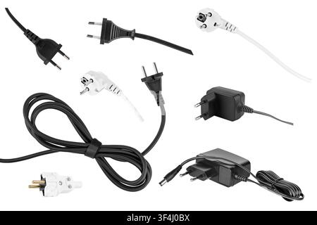 Set of various electrical power plugs, power cables, and AC adapters isolated on white background. Stock Photo