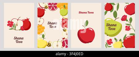 Four Rosh Hashanah greeting cards with apples, pomegranates, honeycombs, bees, and flowers in bright festive designs, Stock Vector