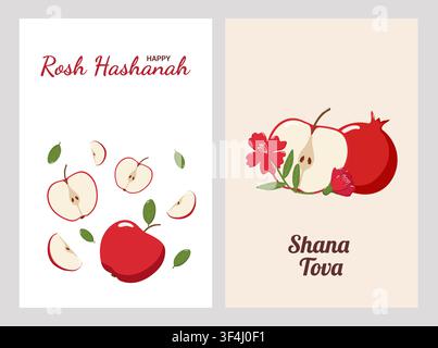 Two Rosh Hashanah greeting cards with apples, pomegranates, honeycombs, bees, and flowers, featuring Happy Rosh Hashanah Stock Vector
