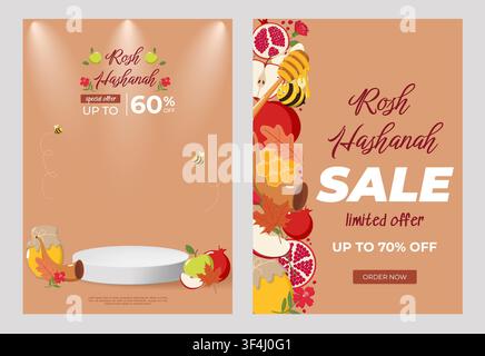 Two Rosh Hashanah sale posters with apples, honey jars, pomegranates, bees, honeycombs, and autumn leaves on warm brown background Stock Vector