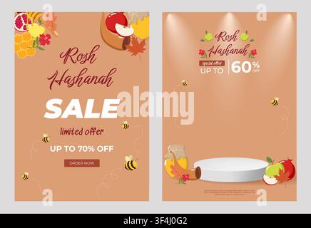 Two Rosh Hashanah sale posters with apples, honey jars, pomegranates, bees, honeycombs, and autumn leaves on warm orange-brown background Stock Vector