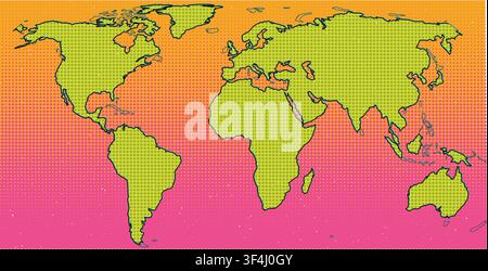 Hand crafted halftone dot pattern world map illustration with a vibrant rainbow gradient background and lime green continents. Stock Vector