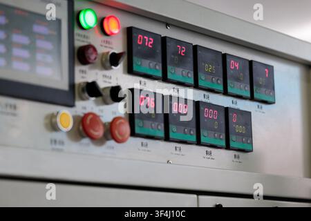 Control panel of automatic plastic extrusion line. Selective focus. Stock Photo