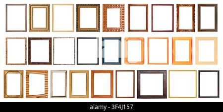 A set of empty rectangular photo frames in various styles, colors, and edge designs, isolated on a white background. Stock Photo