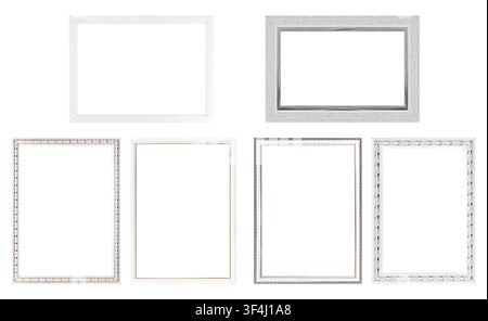 Set of elegant white and silver picture frames isolated on white background. Stock Photo