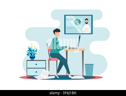 Journalist working on laptop while watching news program on TV indoors, white background. Flat vector illustration Stock Vector